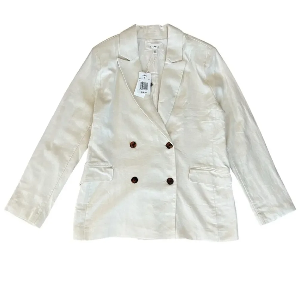 L*Space Women’s Rhodes White Cream Linen Cotton Double Breasted Long Blazer S
